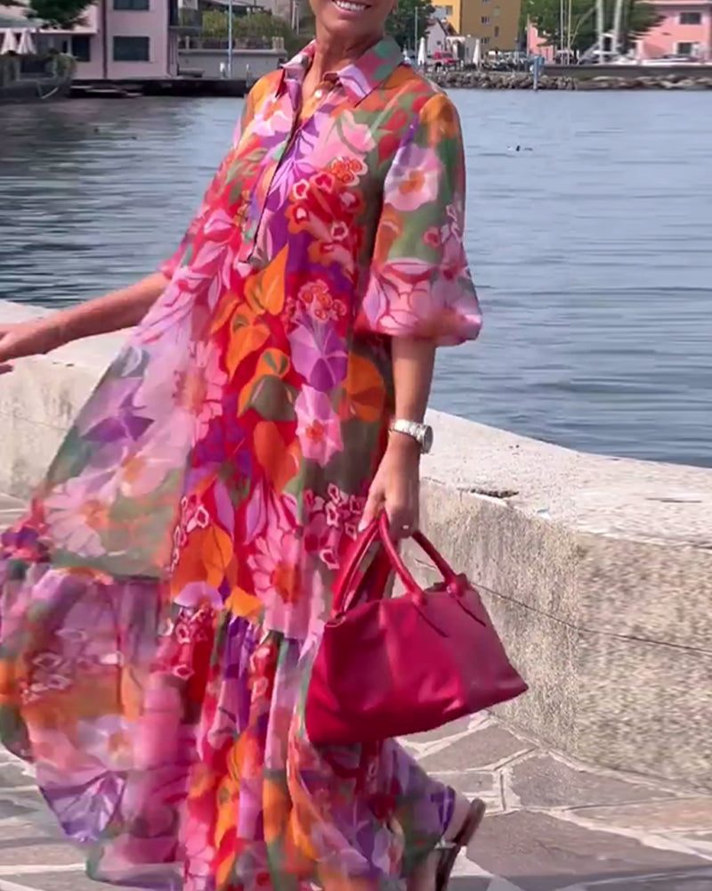 Helena™ | Colourful Printed Dress with Loose Lantern Sleeves