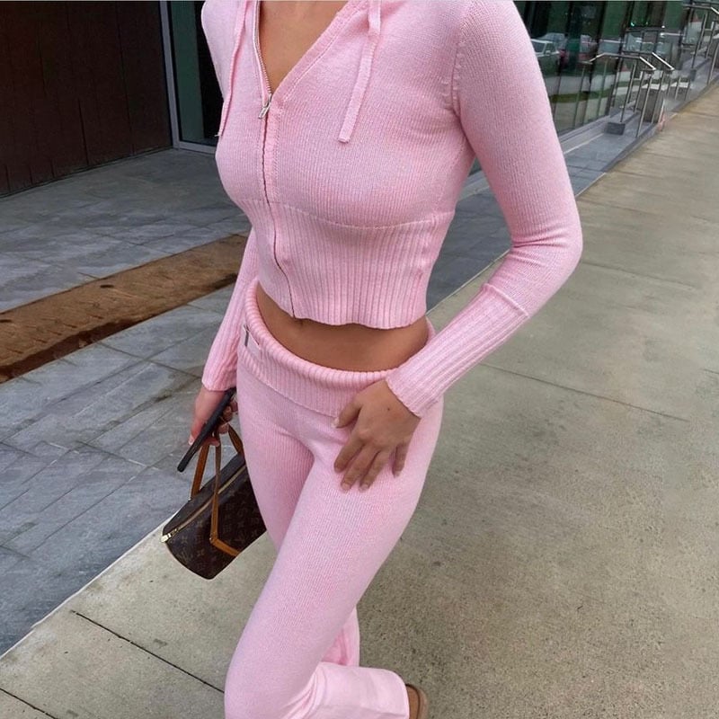 Olivia | Knitted hoodie set with zip - Grey / S