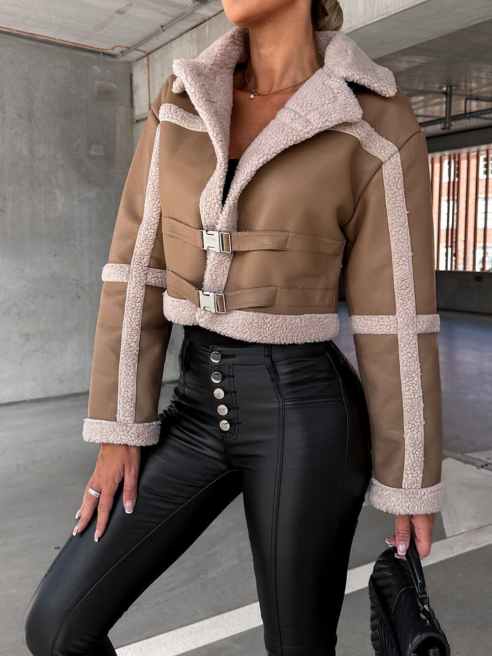 Marcelline™ - Elegant leather jacket with plush trim