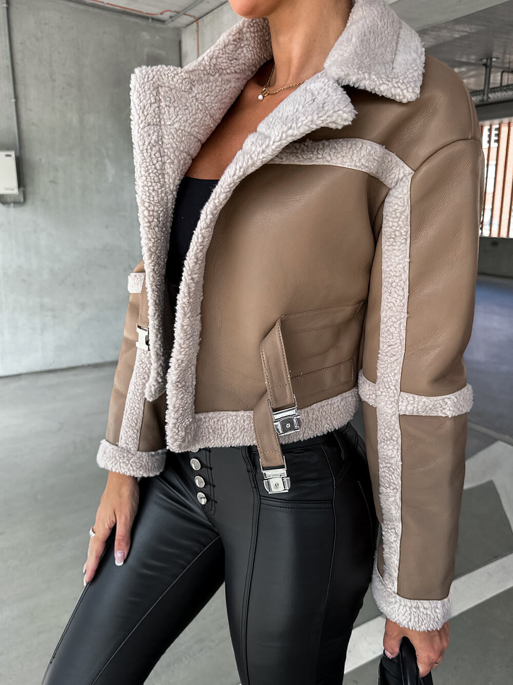 Marcelline™ - Elegant leather jacket with plush trim