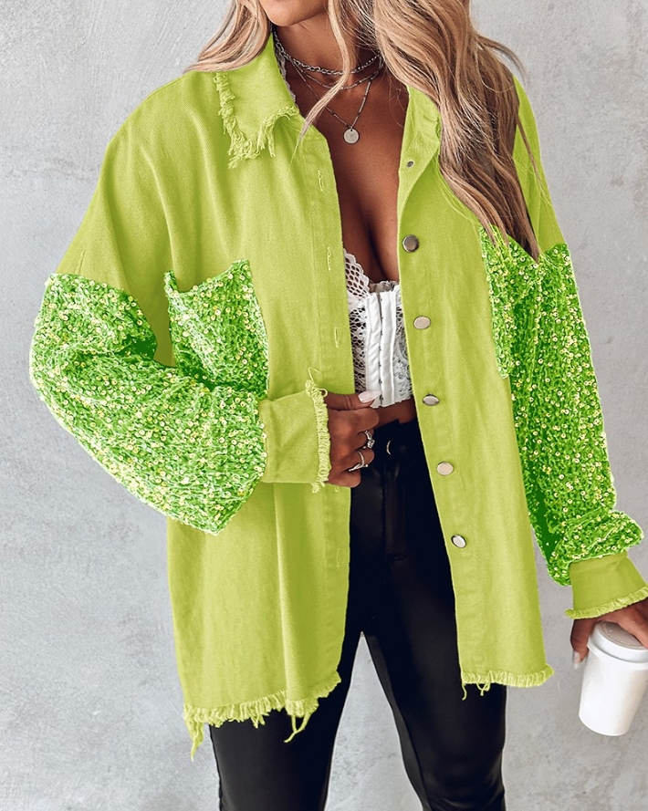 Leslie | Long-sleeved jacket with contrasting sequins - Jacket - Yellow-green / S