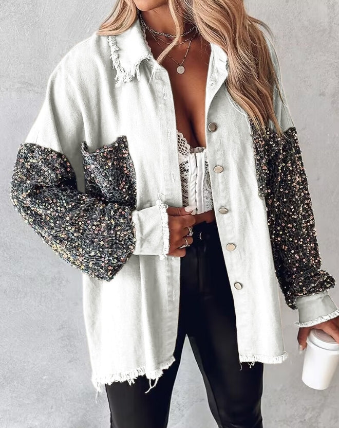 Leslie | Long-sleeved jacket with contrasting sequins - Jacket - White / S