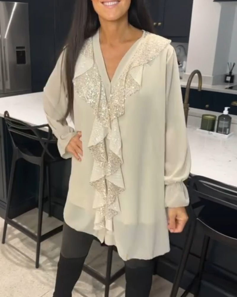 Aurora™ - Elegant tunic with ruffles and sequins - Beige / S