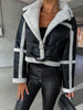Marcelline™ - Elegant leather jacket with plush trim - Jackets - Black Ecru / S