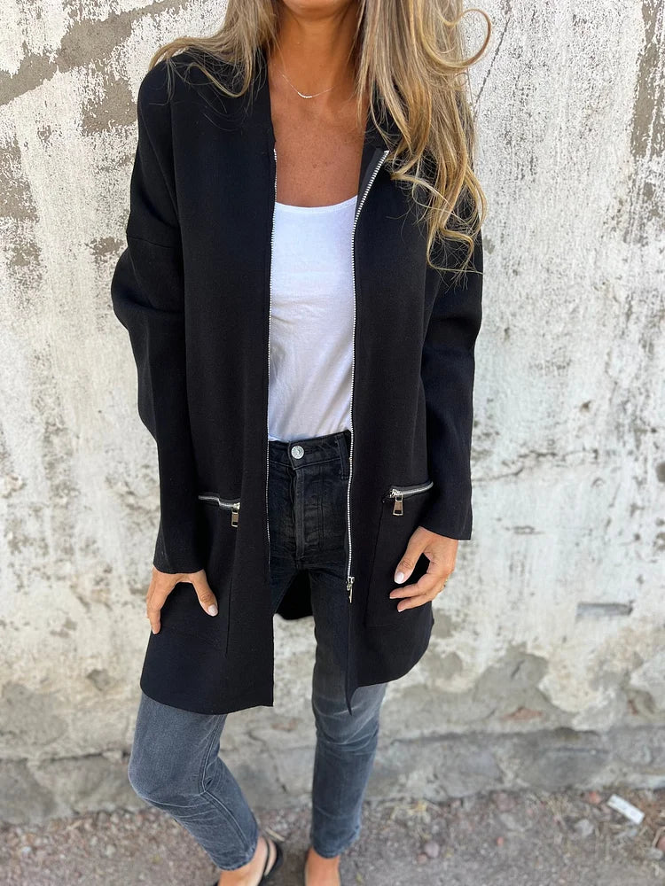 Ida | Round neck zip long sleeve leisure jacket - Black / S