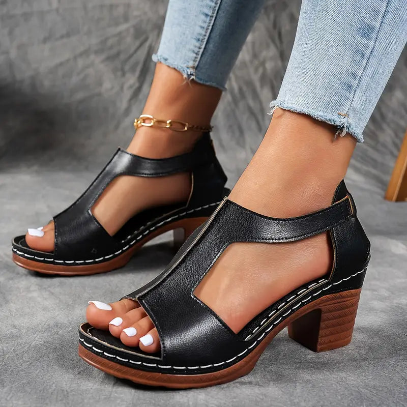 Zinia | Elegant T-Strap Wedge Sandals with Buckle