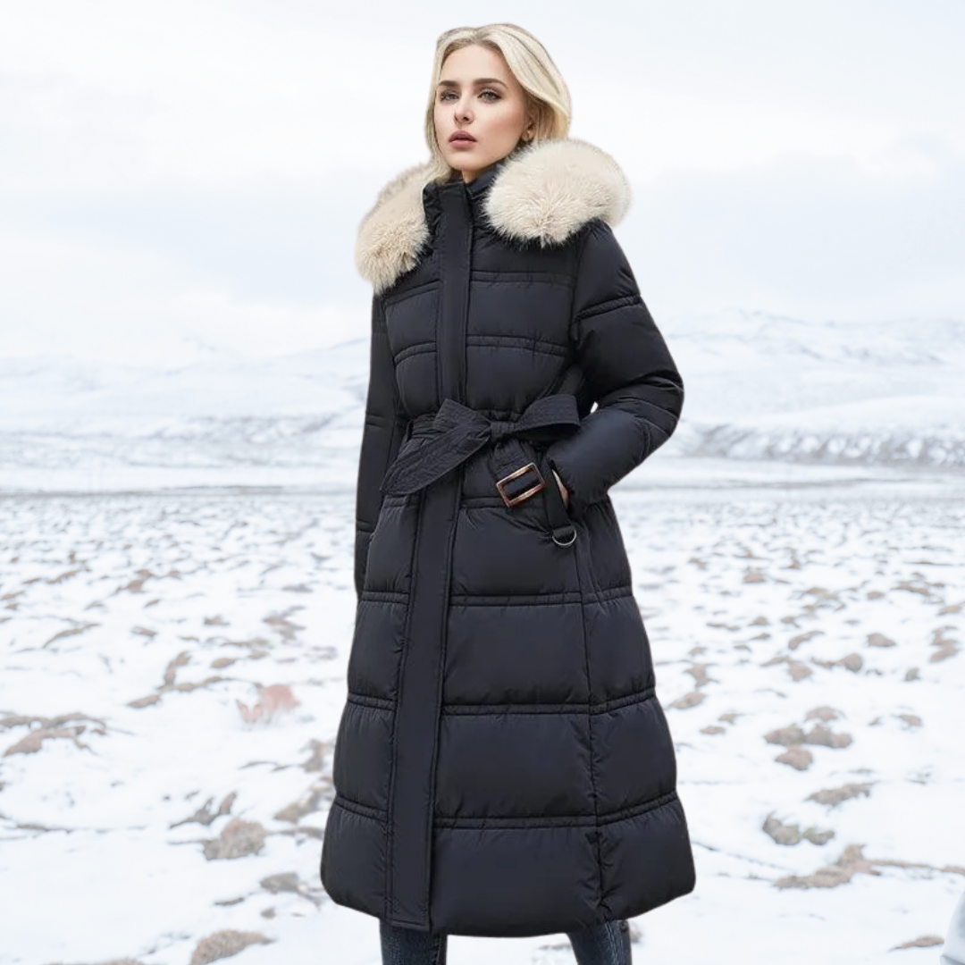Elvira™ - Luxurious winter jacket for women - Black with beige collar lining in coffee brown / M