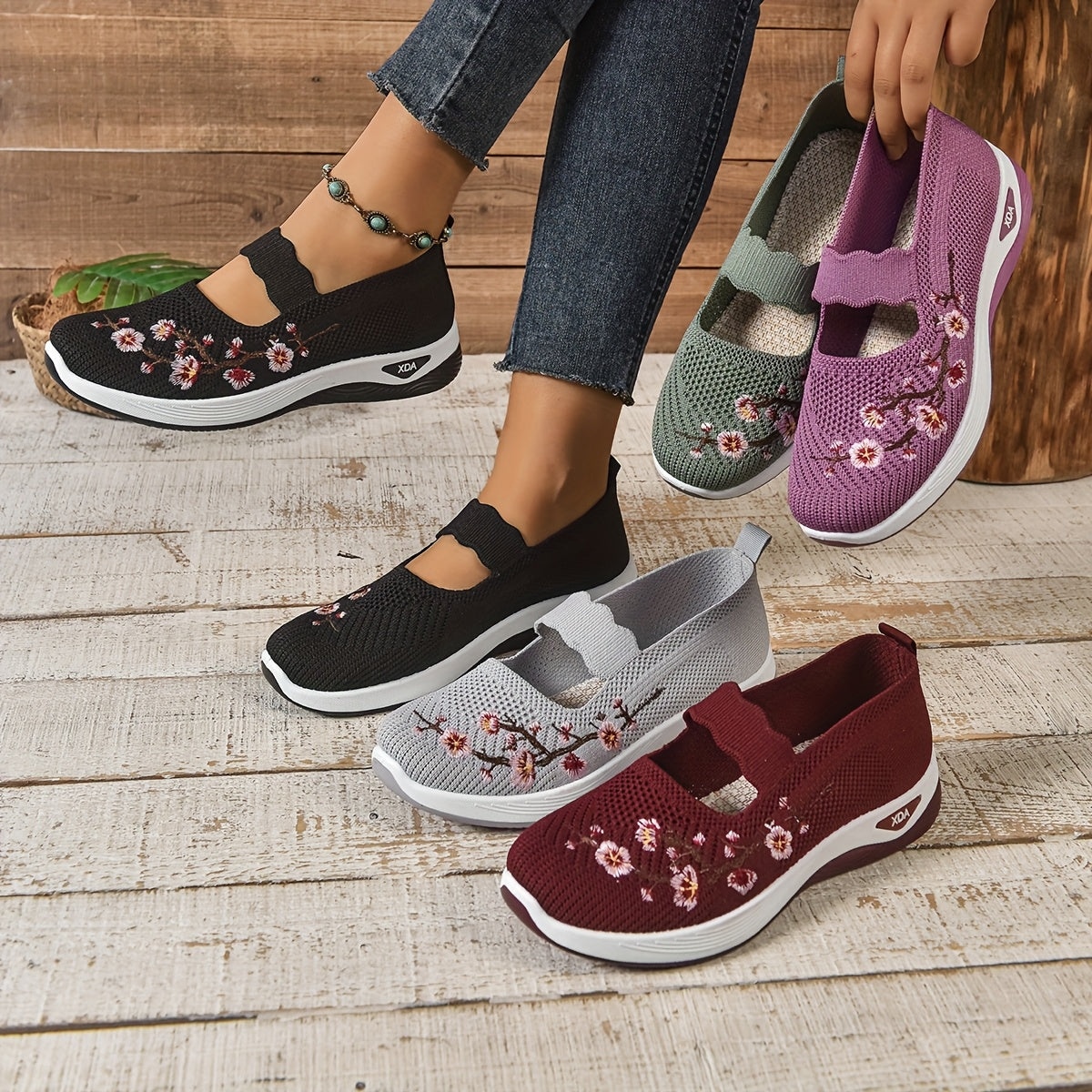 Saty | Embroidered Mesh Slip-On Shoes