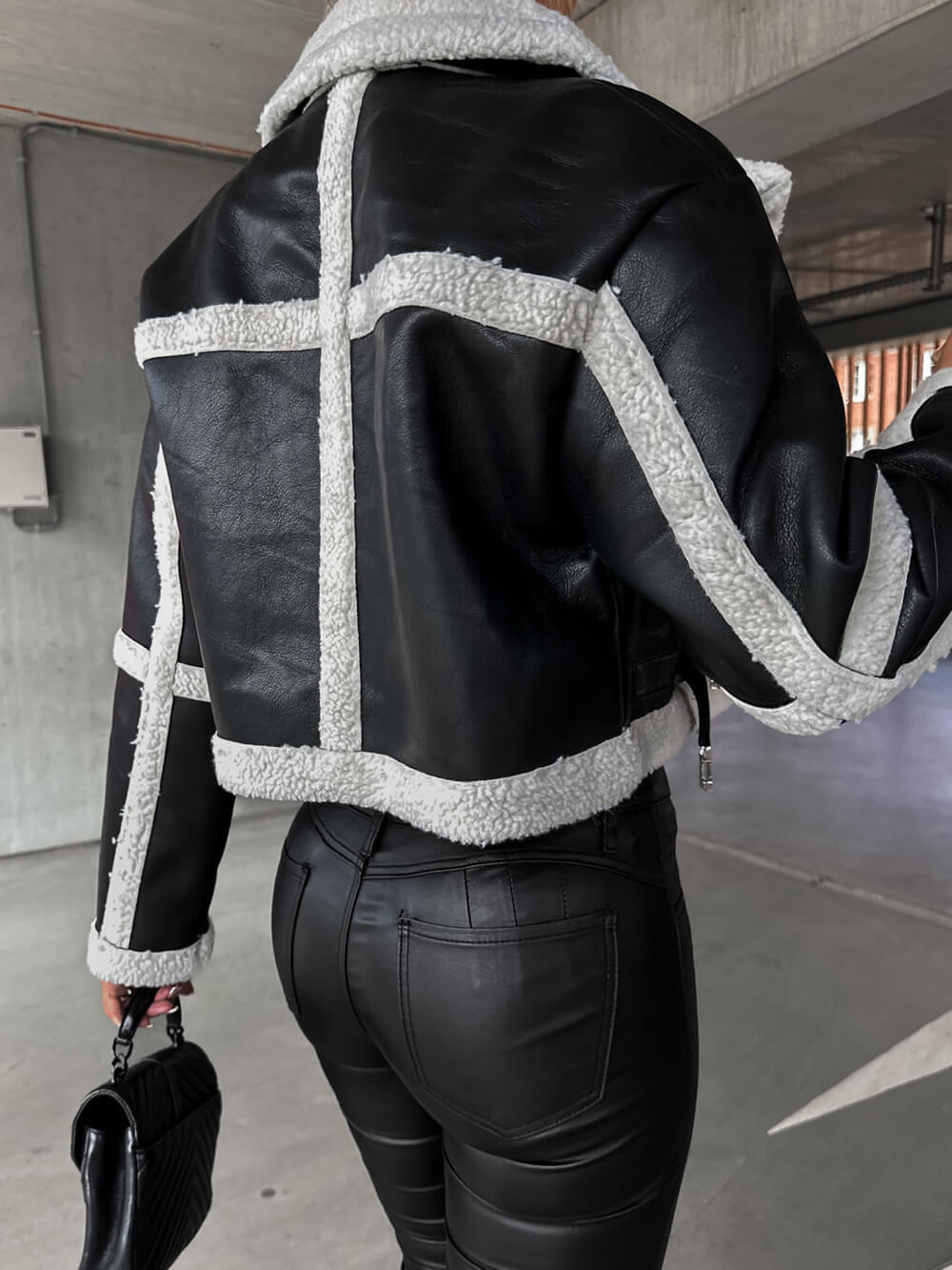 Marcelline™ - Elegant leather jacket with plush trim - Jackets - Black Ecru / S