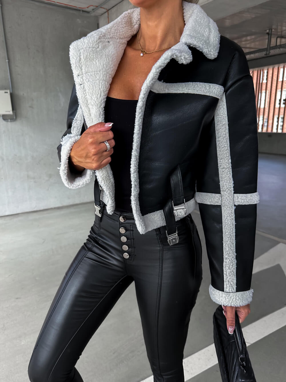Marcelline™ - Elegant leather jacket with plush trim - Jackets - Black Ecru / S