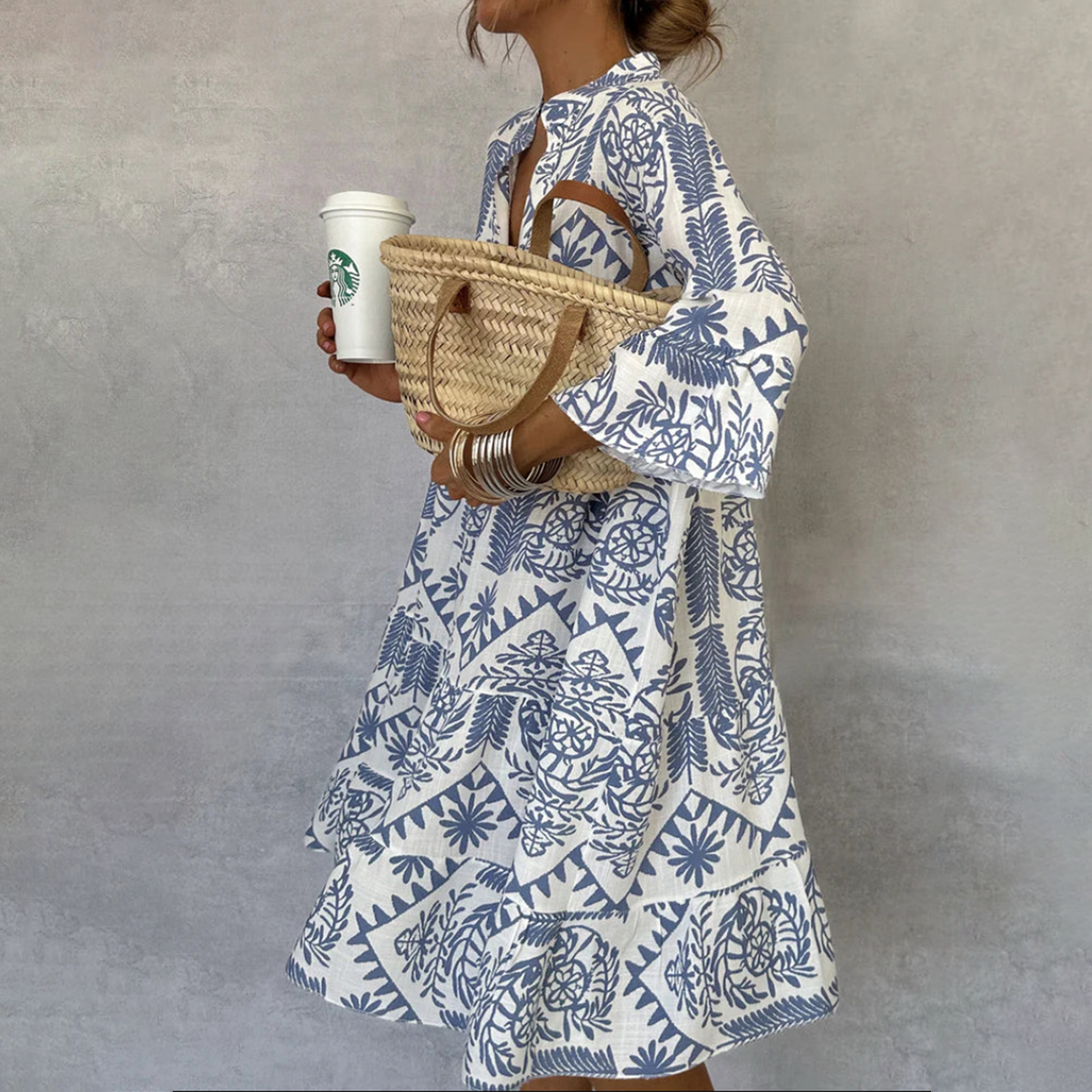 Heli | Blue V-Neck Mini Dress with Sleeves