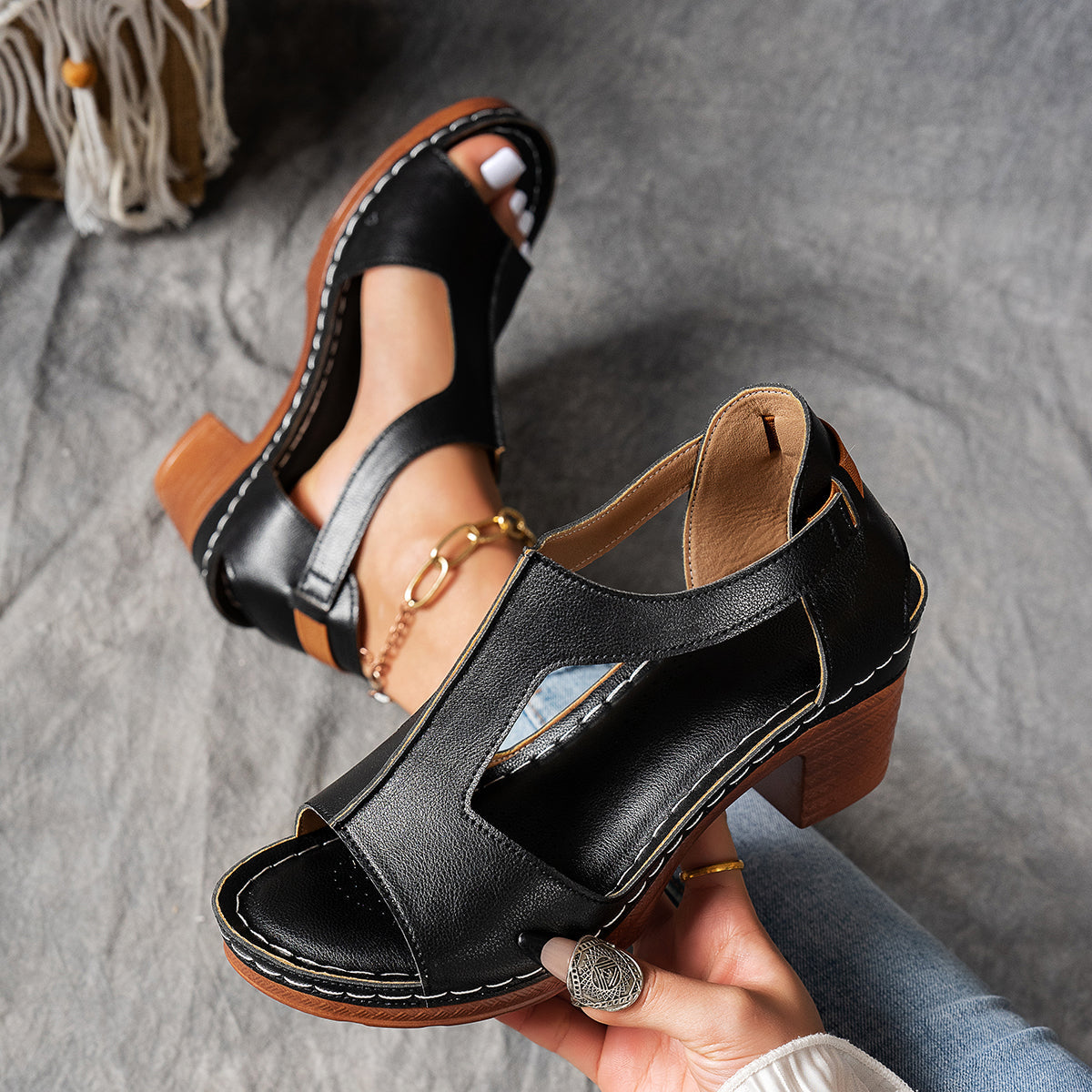 Zinia | Elegant T-Strap Wedge Sandals with Buckle