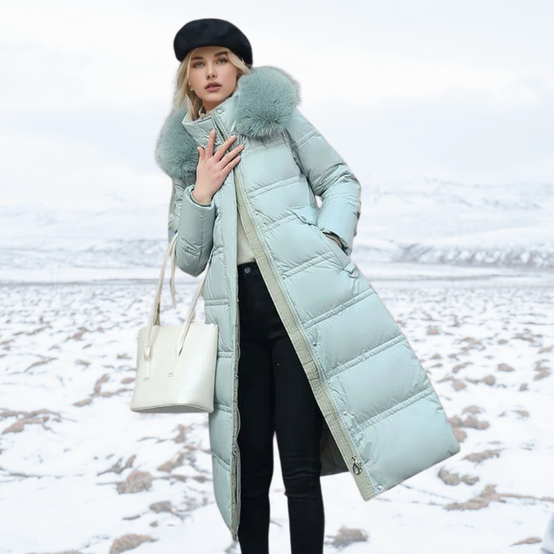 Elvira™ - Luxurious winter jacket for women - Baby blue with beige collar lining in coffee brown / M