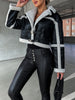 Marcelline™ - Elegant leather jacket with plush trim - Jackets - Black Ecru / S