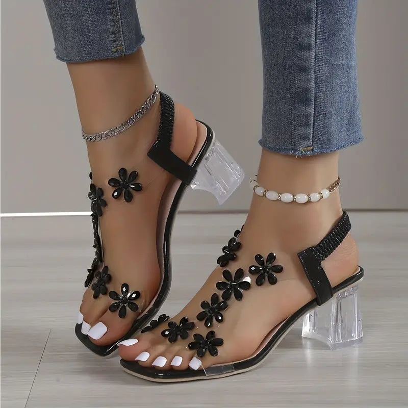 Rose | Women's Sandals with block heels and floral crystals