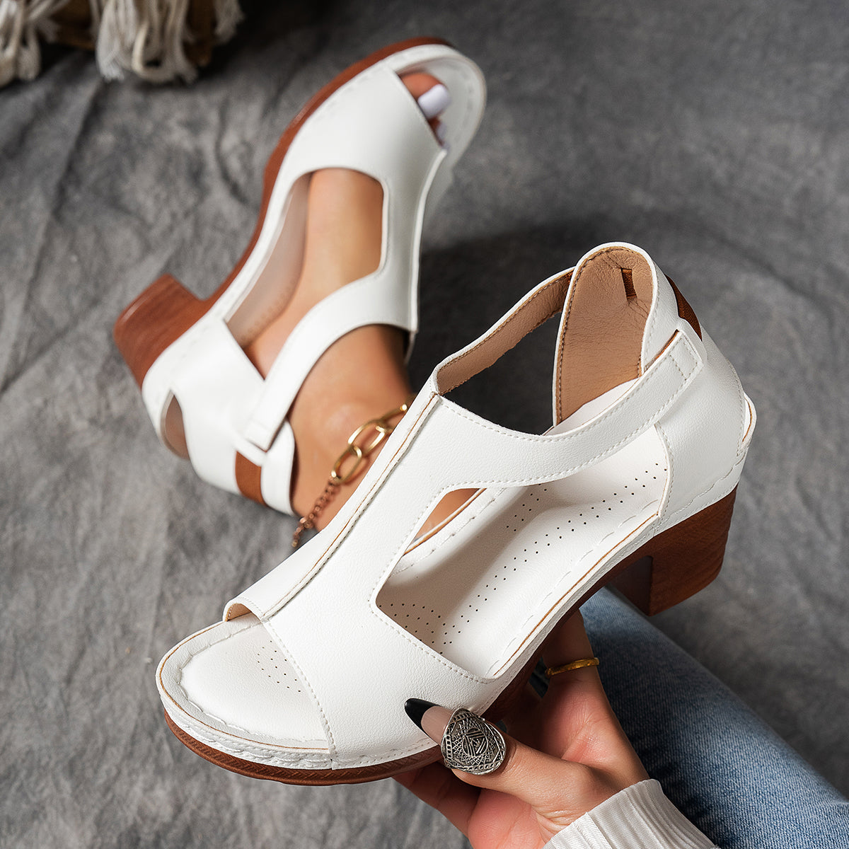 Zinia | Elegant T-Strap Wedge Sandals with Buckle