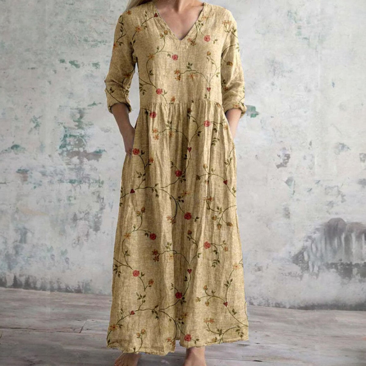 Olia | Floral Maxi Dress in Cotton and Linen with 3/4 Sleeves