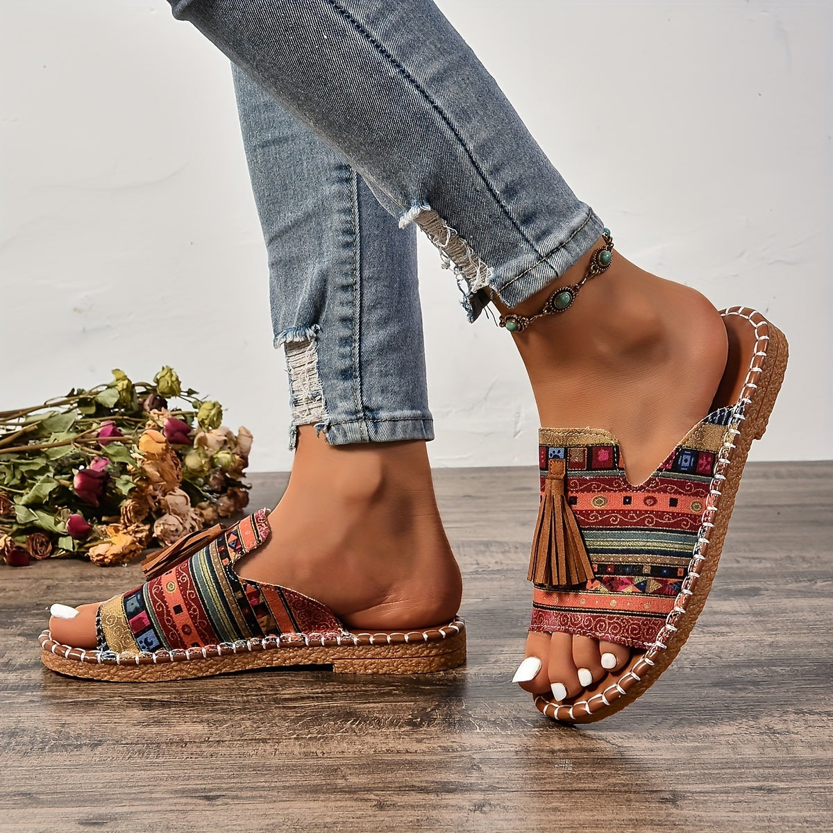 Priya | Fringe-Embellished Ethnic Flat Sandals