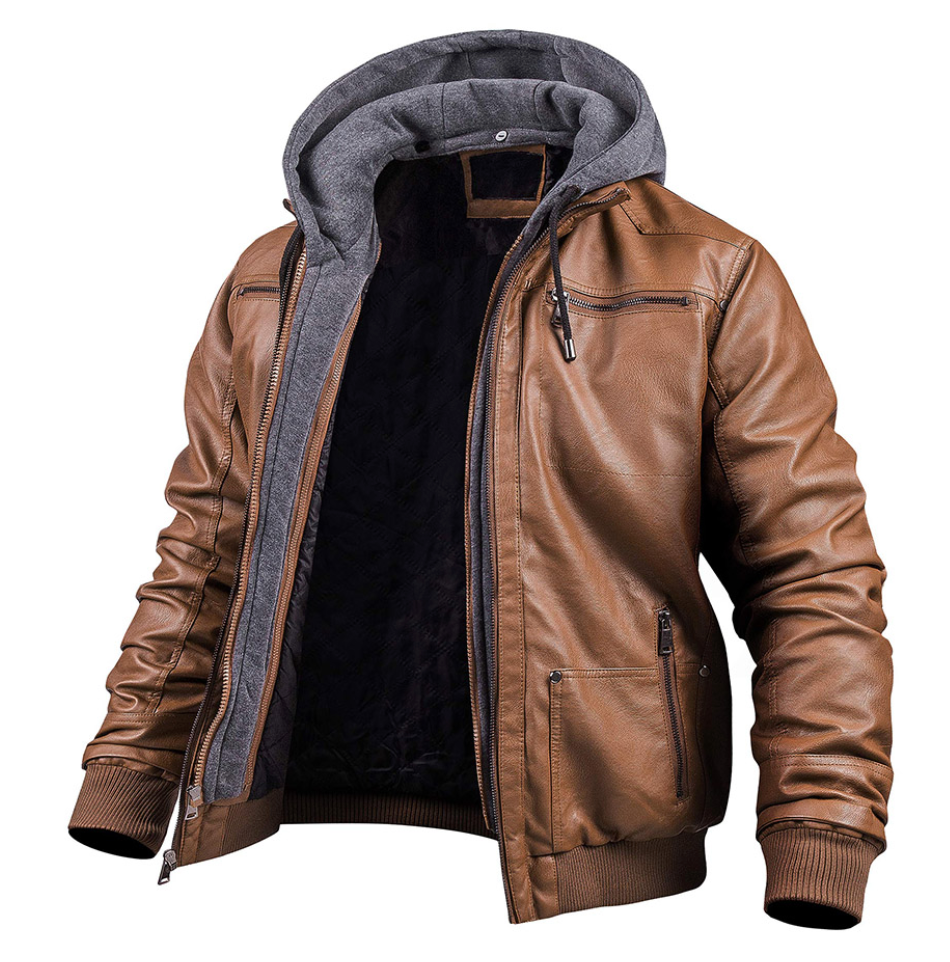 Marlon™ - Classic leather winter jacket - Hoodie - Brown / S
