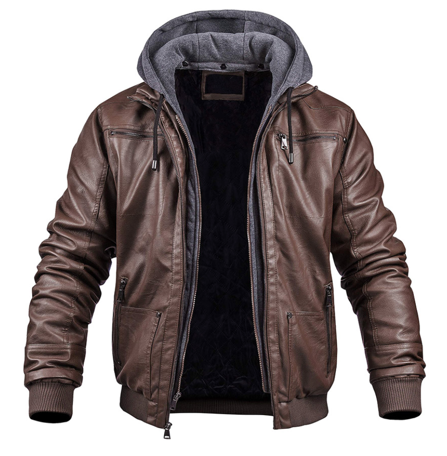 Marlon™ - Classic leather winter jacket - Hoodie - Brown / 3XL