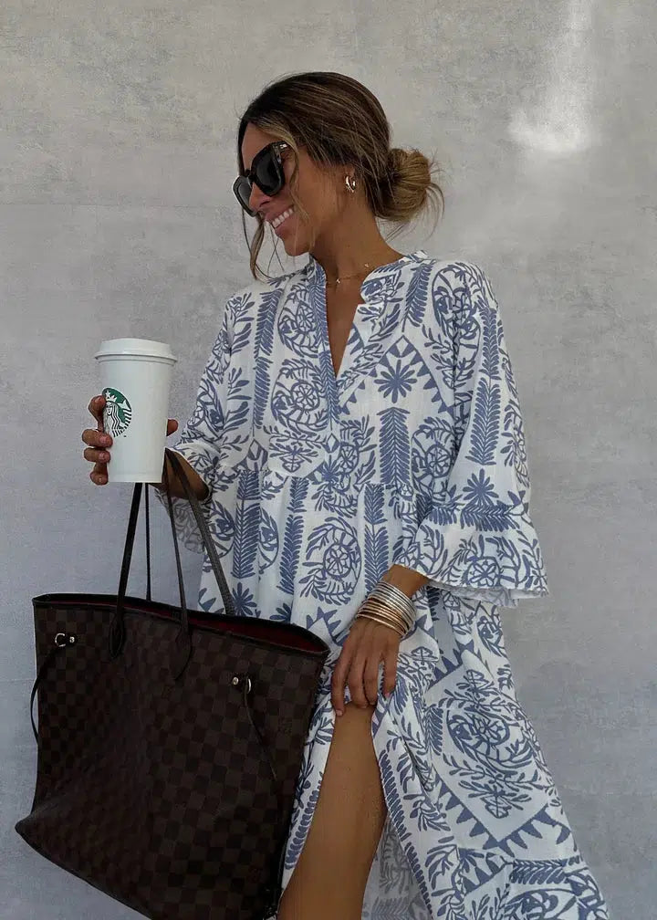 Heli | Blue V-Neck Mini Dress with Sleeves