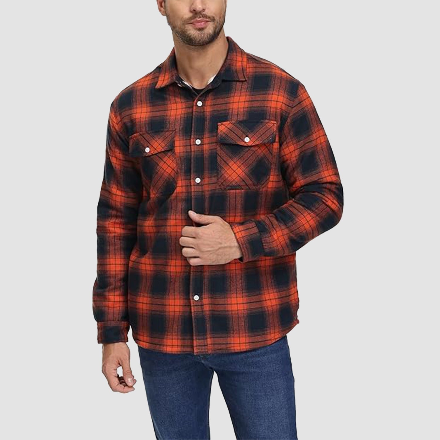 Benedikt™ | Lined checked shirt jacket - Orange / S
