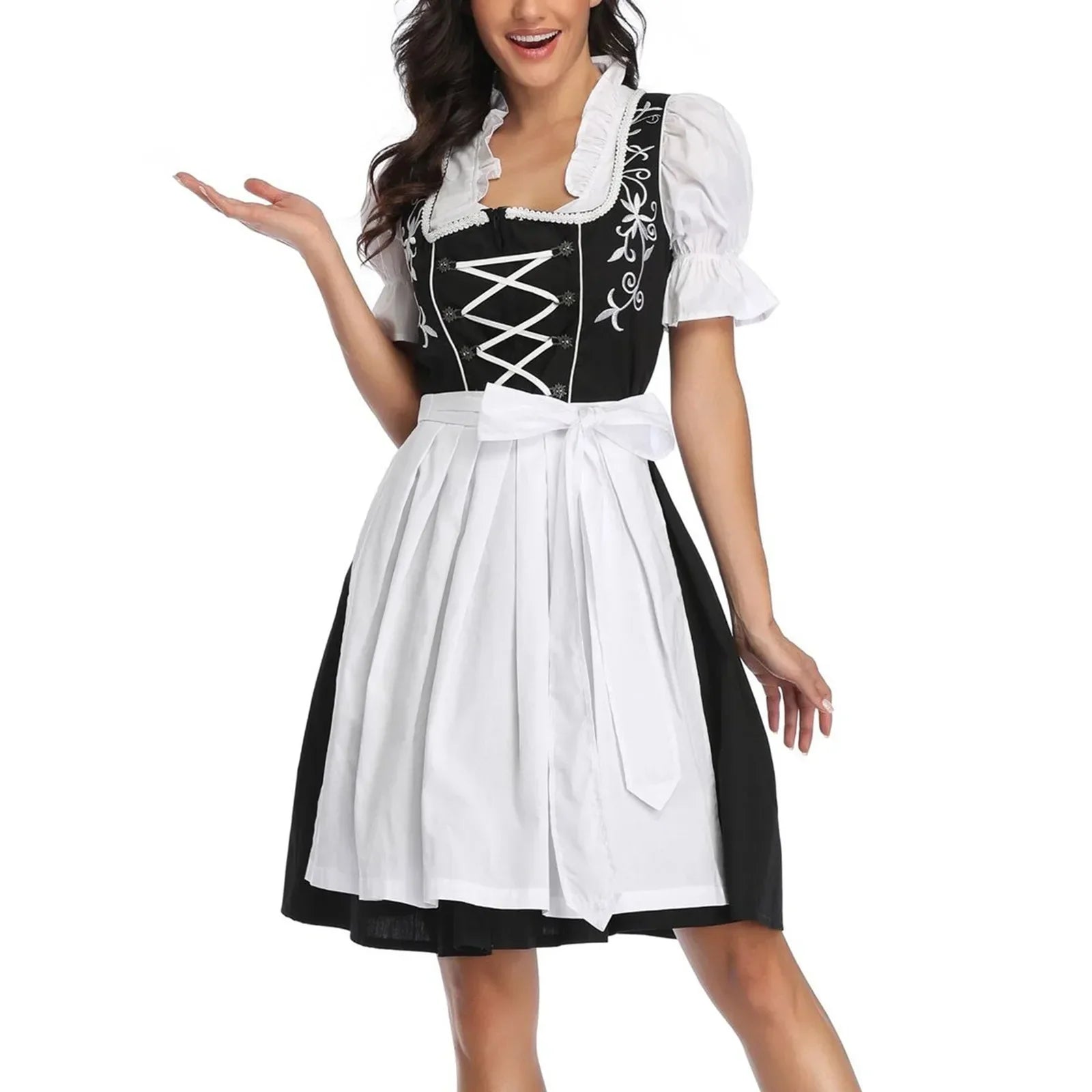 Liesel| Oktoberfest dress with bow tie apron - White / S
