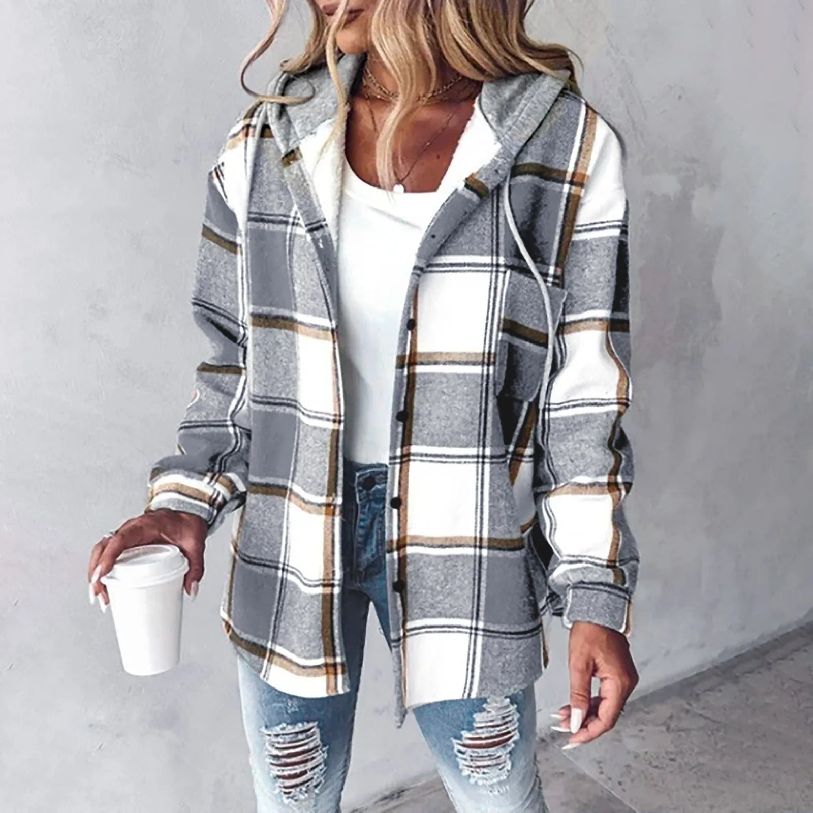 Lina™ | Checked comfort hoodie - Grey / S