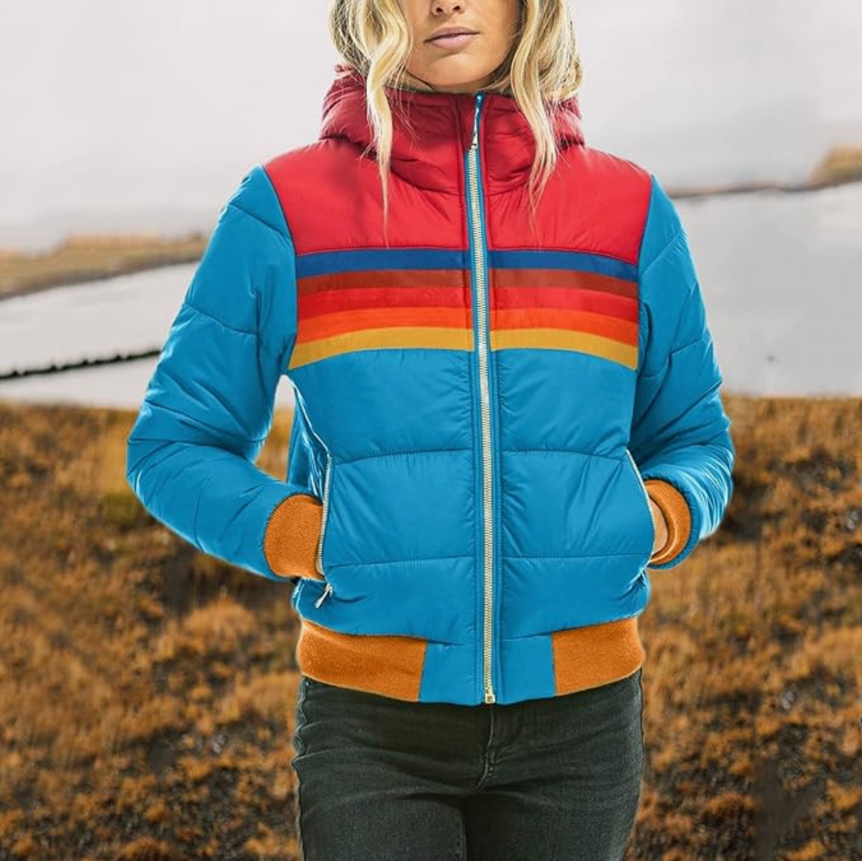 Rosy | Retro parka with faux fur hood for women - Blue / XS