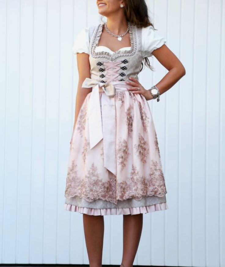 Helga - Traditional costume with apron and blouse - Long Dress - Grey-Pink / S
