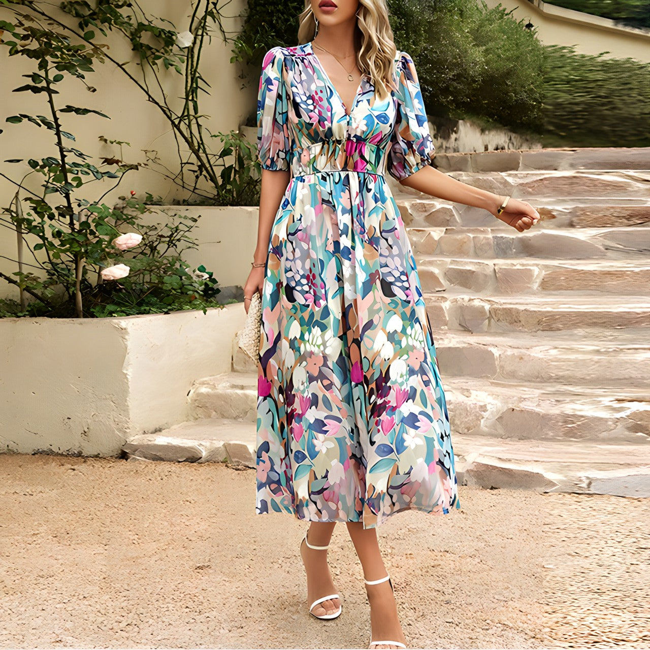 Janella | Elegant Midi Dress with V-Neck