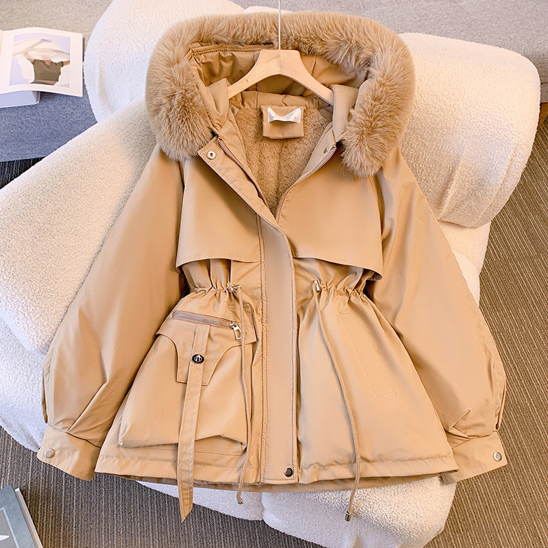 Dalia™ - Elegant winter coat with faux fur - Khaki / XS