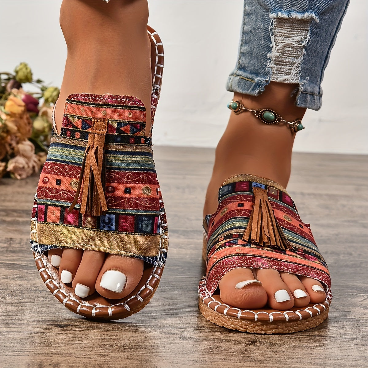 Priya | Fringe-Embellished Ethnic Flat Sandals