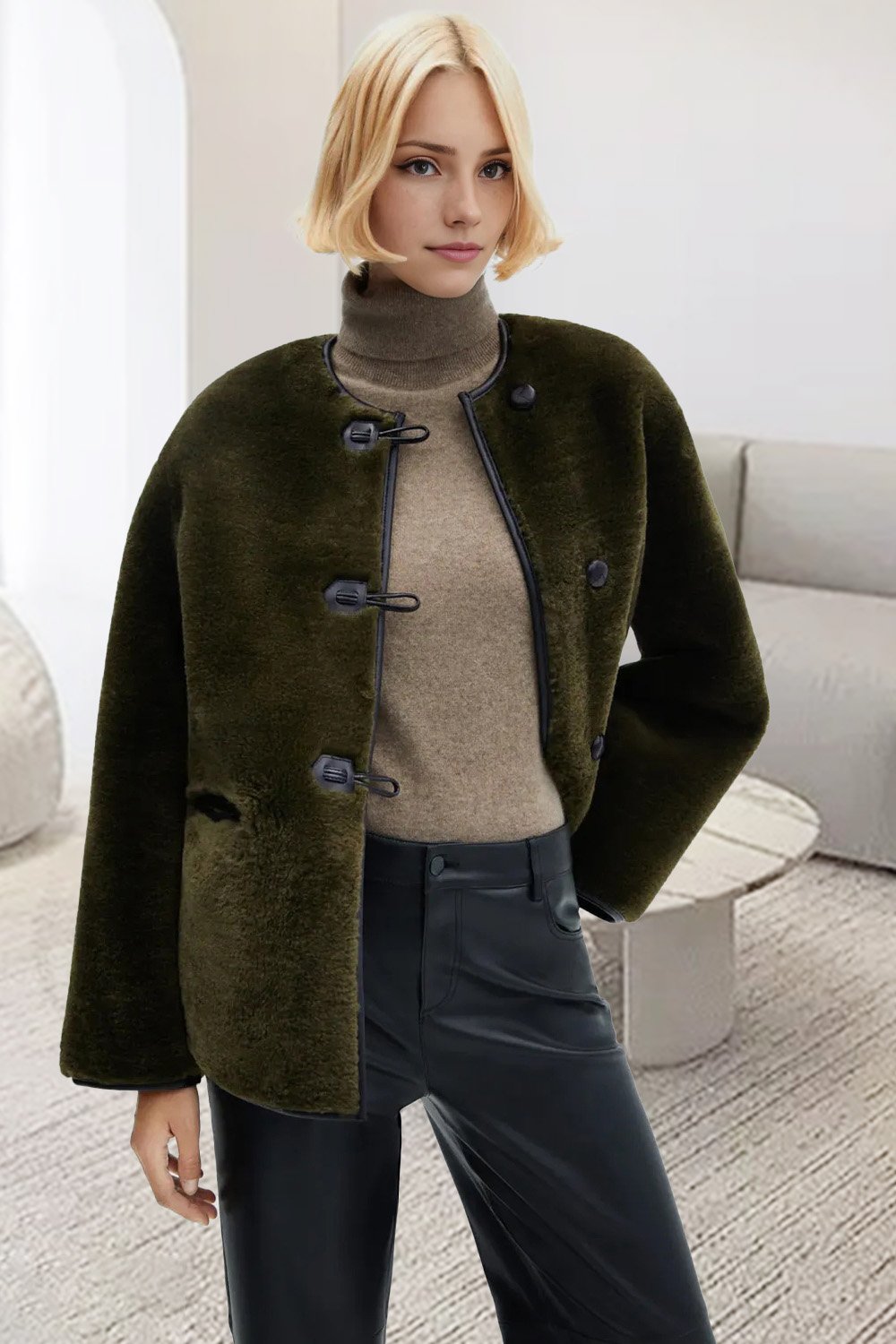 Liana™ - Elegant faux fur coat - Dark green / XS
