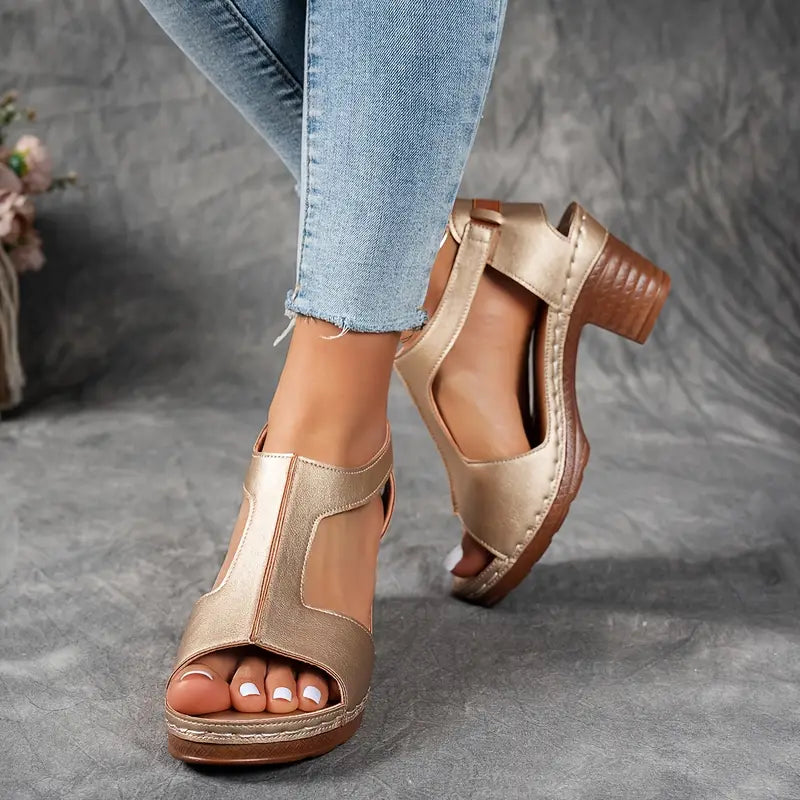Zinia | Elegant T-Strap Wedge Sandals with Buckle
