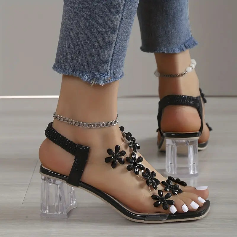 Rose | Women's Sandals with block heels and floral crystals