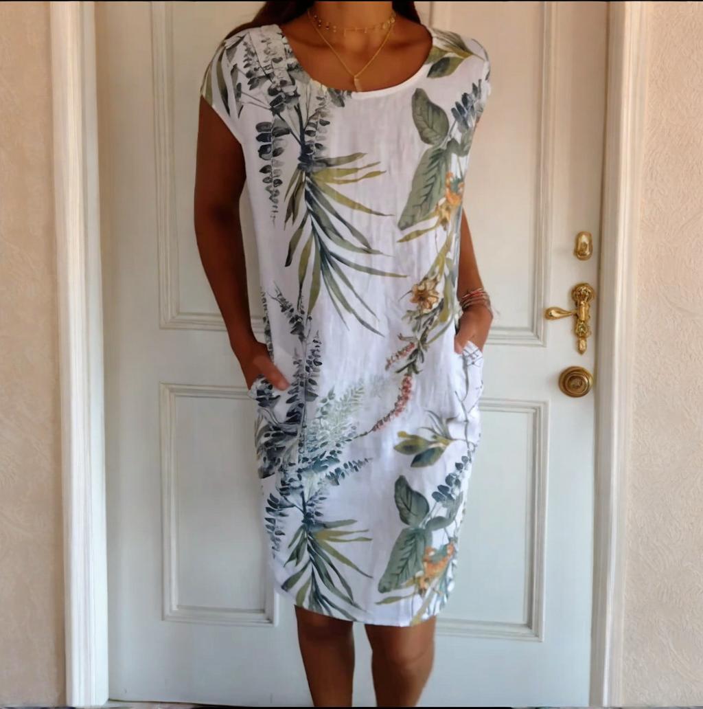Teres | Round-Neck Dress with Botanical Print