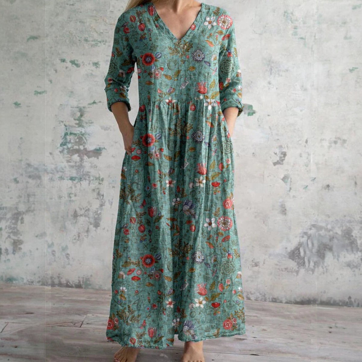 Olia | Floral Maxi Dress in Cotton and Linen with 3/4 Sleeves
