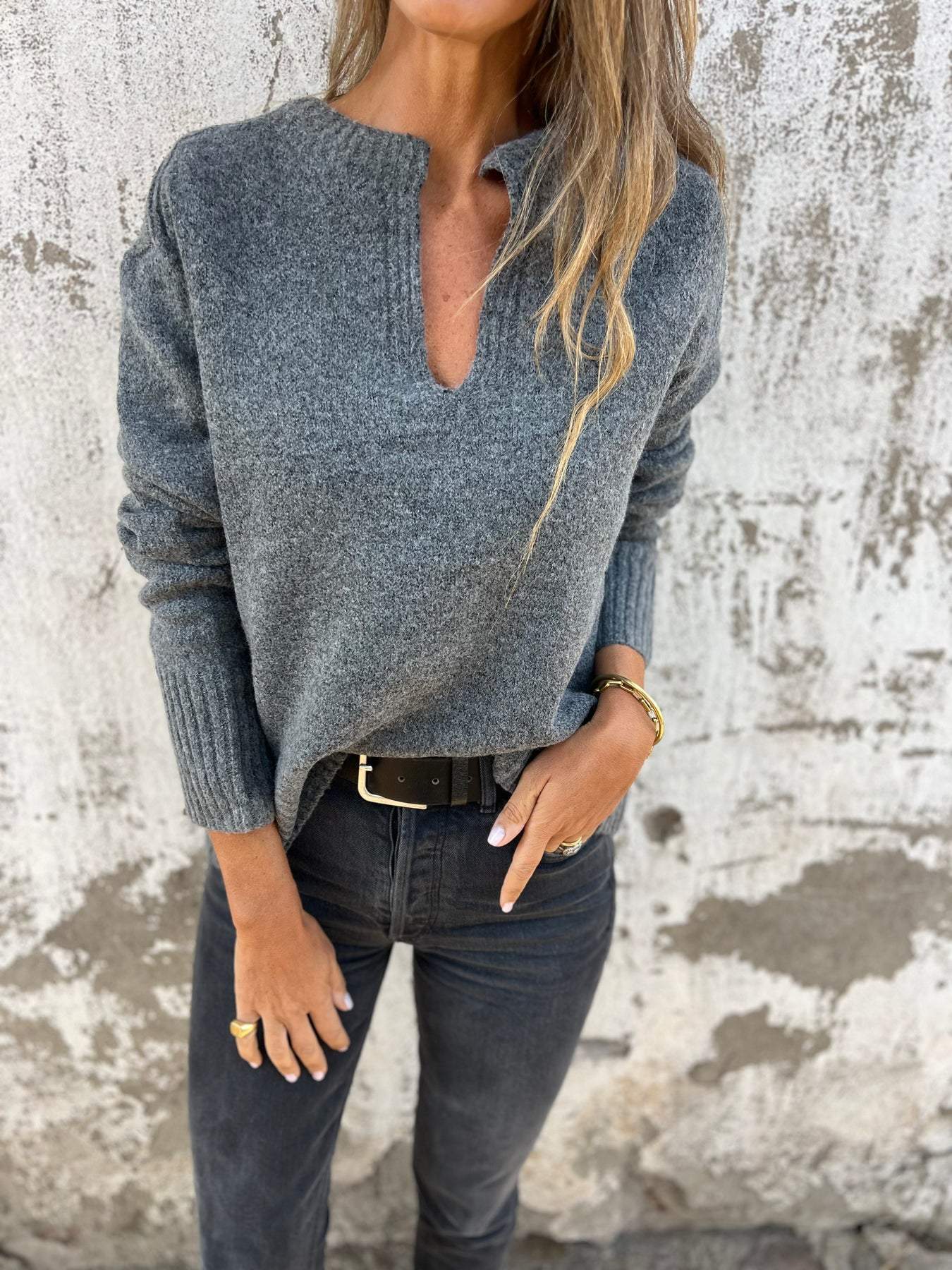 Lyra - V-neck top Med Long - Women Top - Dark grey / S