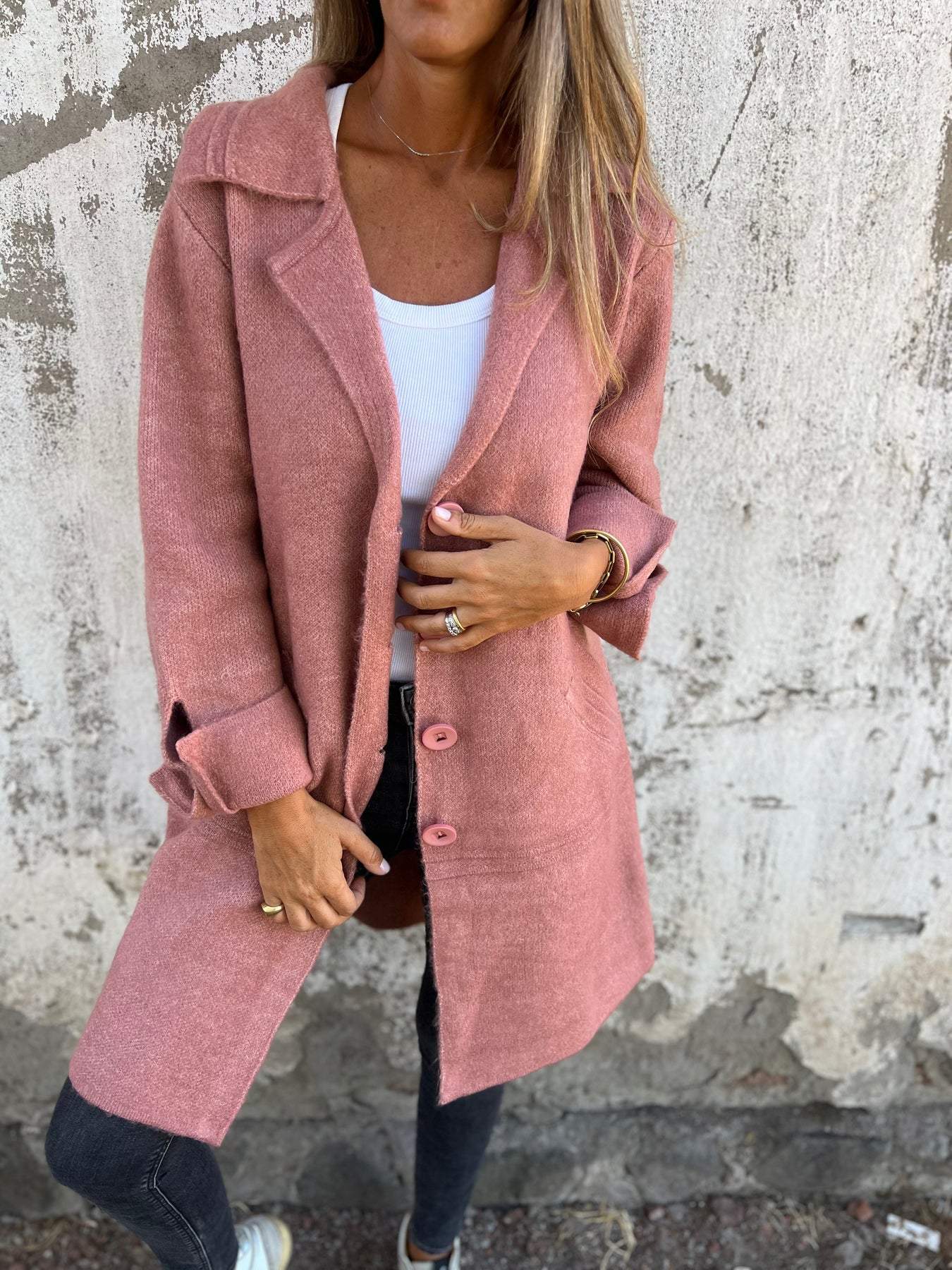 Jade | Casual long coat with lapels - Pink / S