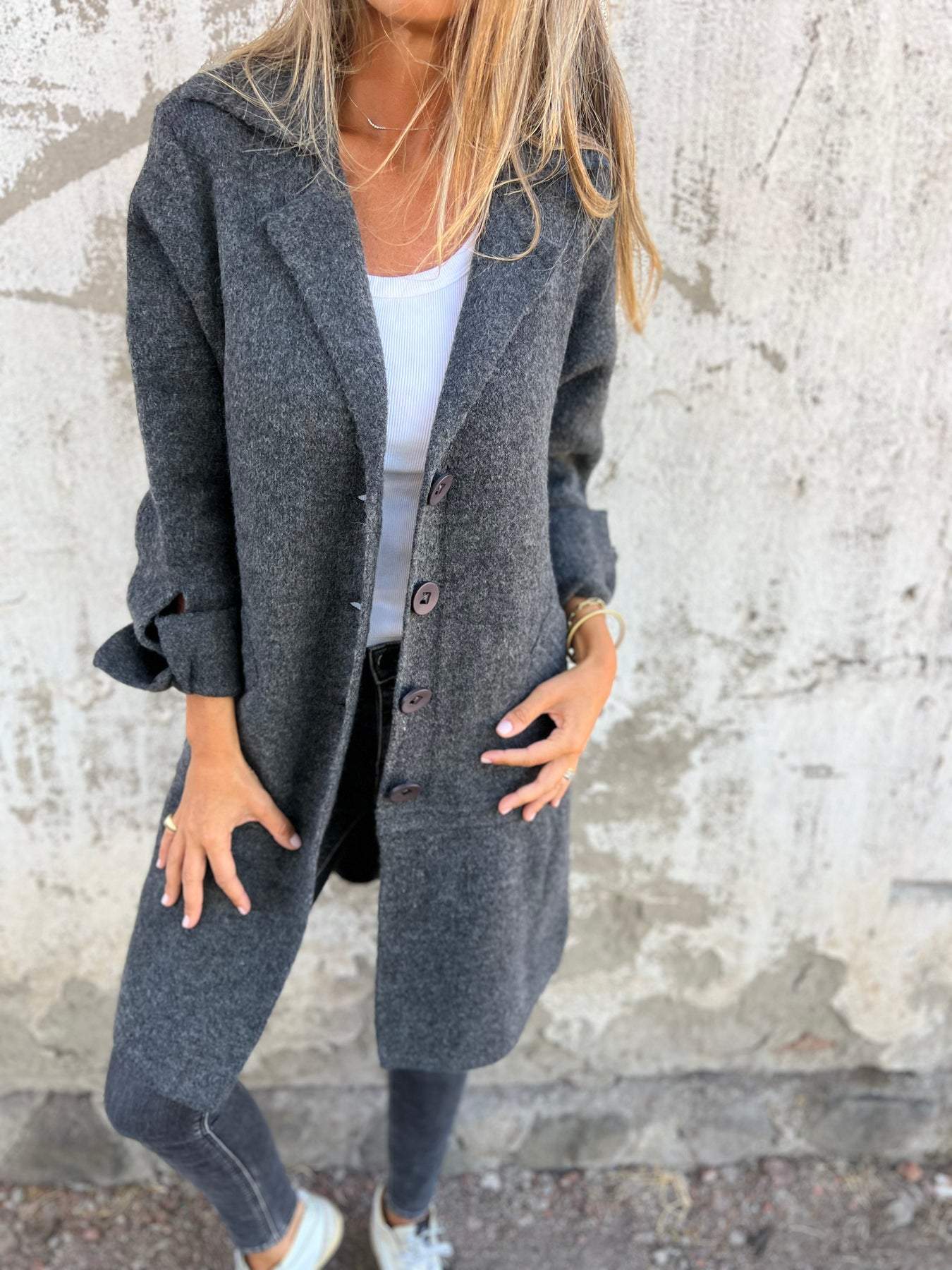 Jade | Casual long coat with lapels - Black / S