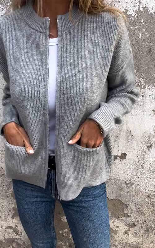 Mara | Cotton zip-up cardigan - Grey / S