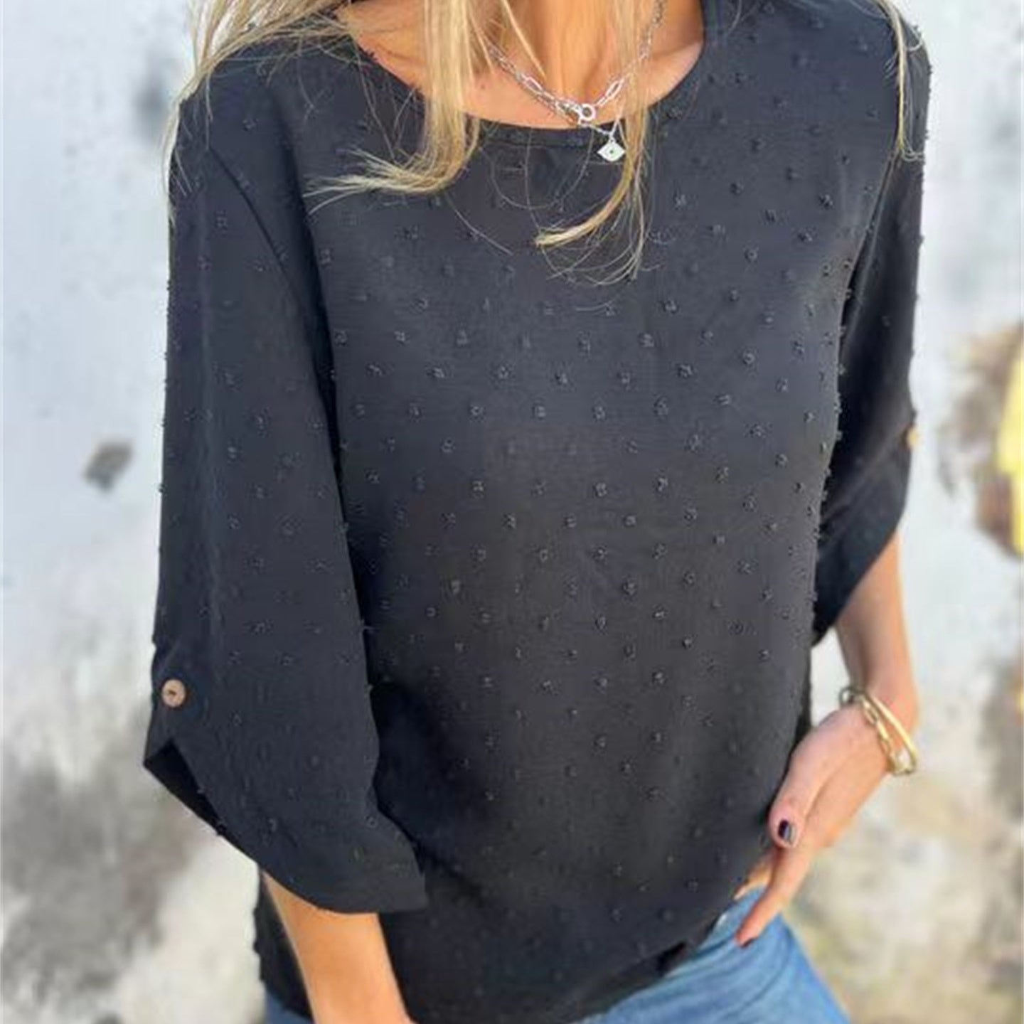 Runa™ | Loose jacquard top with a round neckline - Kläder och Accessoarer - Black / S
