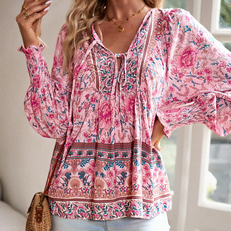 Betha | Printed Long Sleeve Shirt with V-Neck