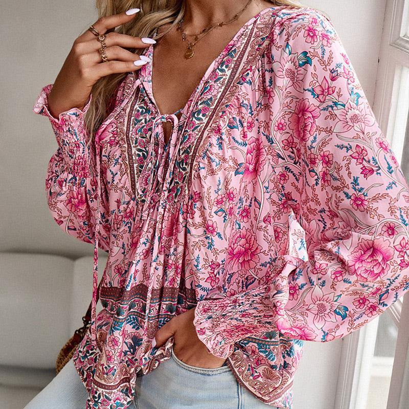 Betha | Printed Long Sleeve Shirt with V-Neck
