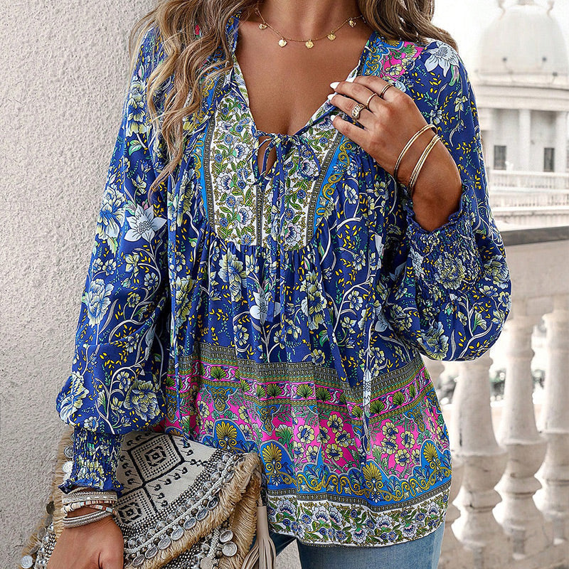 Betha | Printed Long Sleeve Shirt with V-Neck