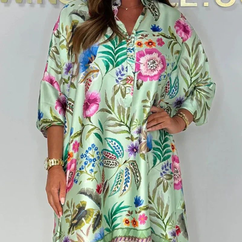 Debie | Comfortable Floral Dress with V-Neck and Button Placket