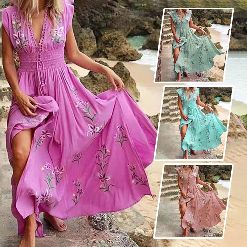 Ivory | Sleeveless Floral Embroidered Maxi Dress with Slit