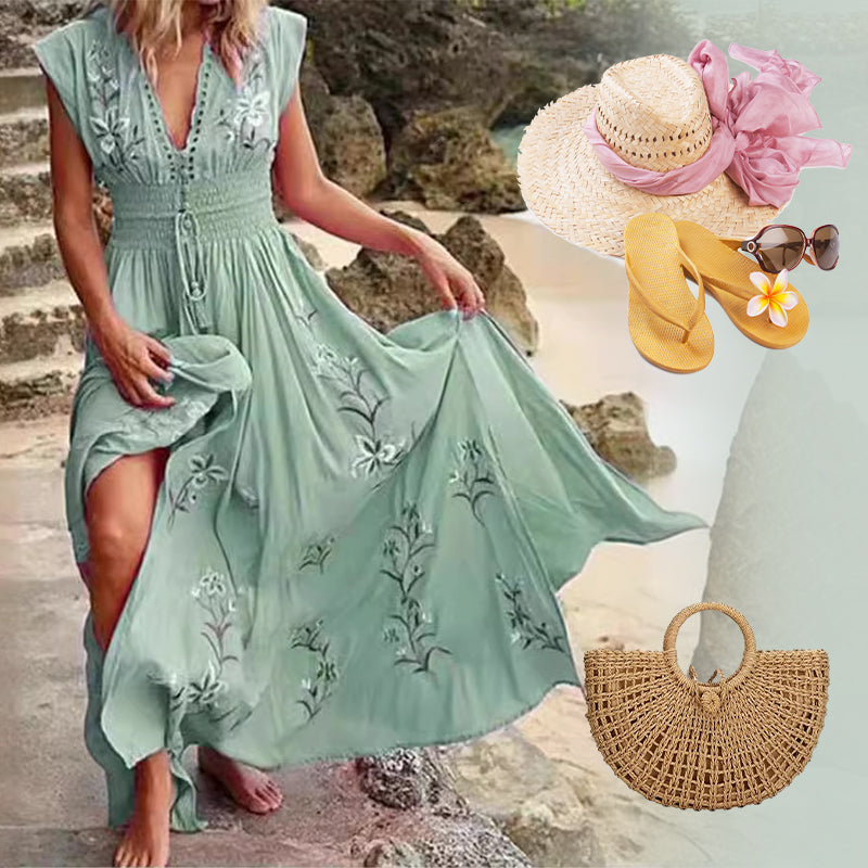Ivory | Sleeveless Floral Embroidered Maxi Dress with Slit
