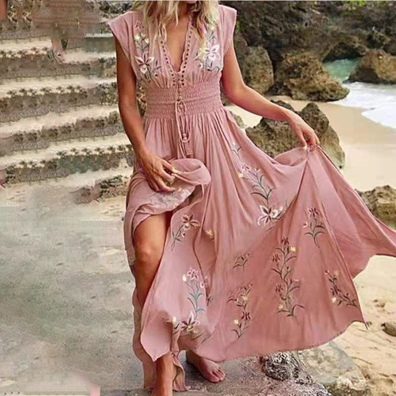 Ivory | Sleeveless Floral Embroidered Maxi Dress with Slit
